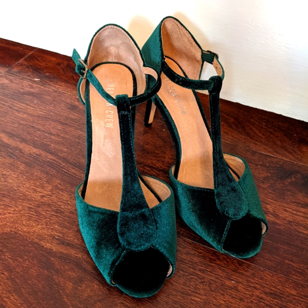 Emerald green velvet t-strap heels